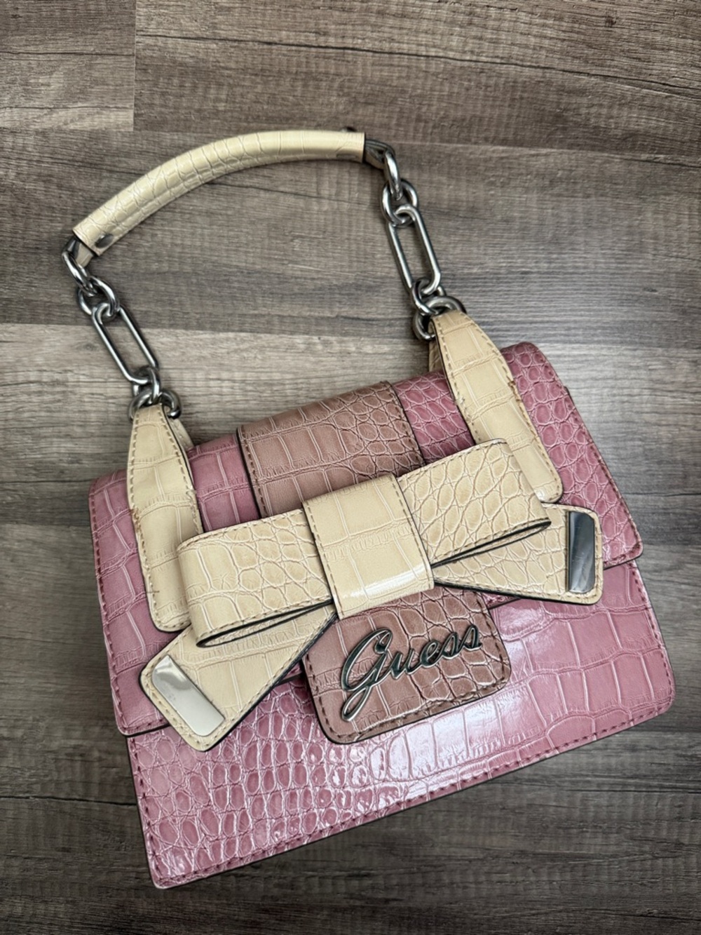 Guess Pink and Cream Croc-Embossed Satchel with Bow Accent